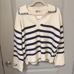 NWT Style USA Cream and Navy Striped Sweater size L